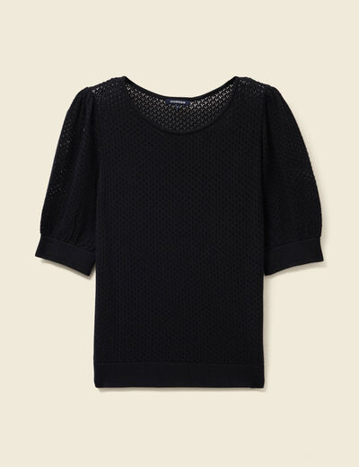 Pull manches courtes ajour&eacute; noir femme