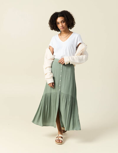 Jupe longue évasée vert kaki femme