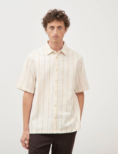 Chemise ray&eacute;e manches courtes ecru homme
