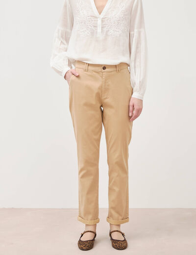 Chino cigarette 7/8&egrave;me taille haute marron clair femme