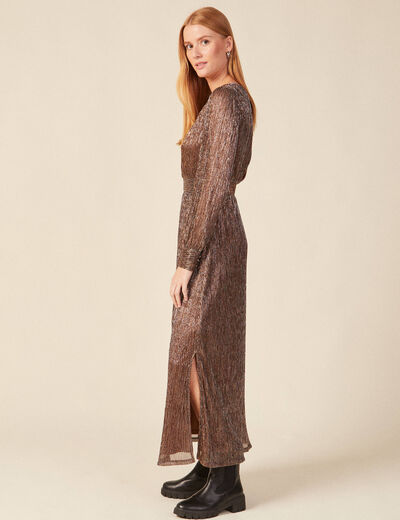 Robe longue évasée col en V marron cognac femme