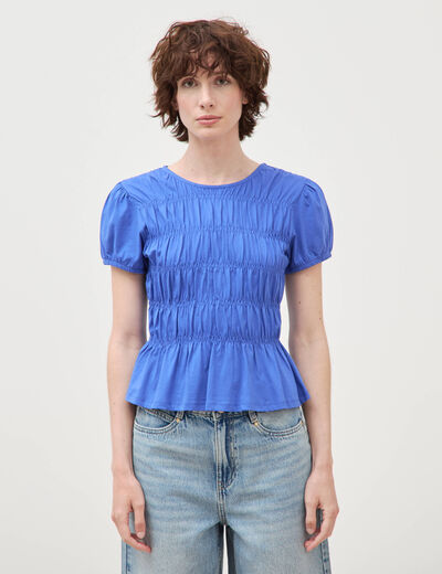 T-shirt fronc&eacute; col rond manches courtes bleu electrique femme