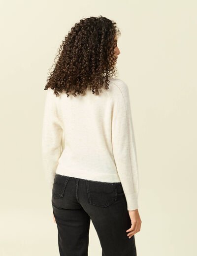 Gilet ajour&eacute; col V manches longues creme femme