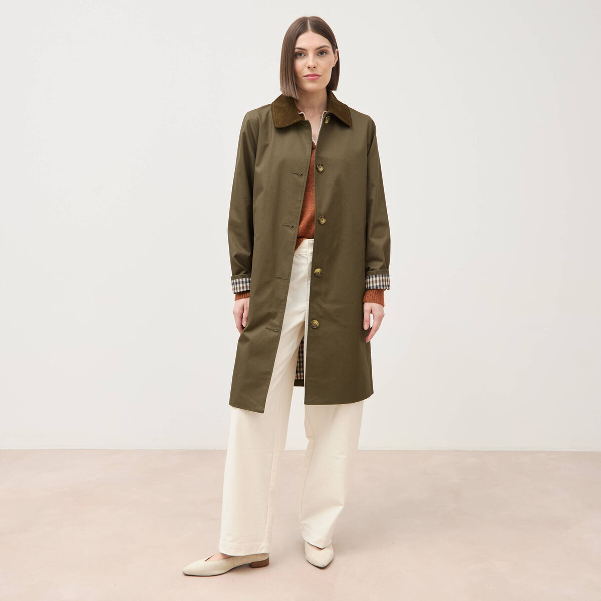 Trench droit long en coton doubl&eacute; vert kaki femme