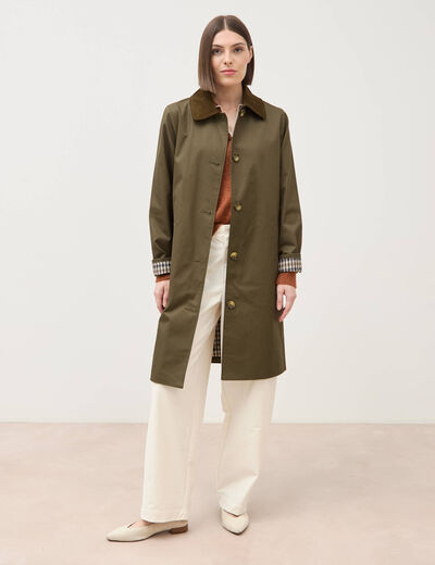 Trench droit long en coton doubl&eacute; vert kaki femme