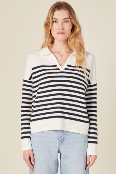 Pull col polo éco-responsable ecru femme