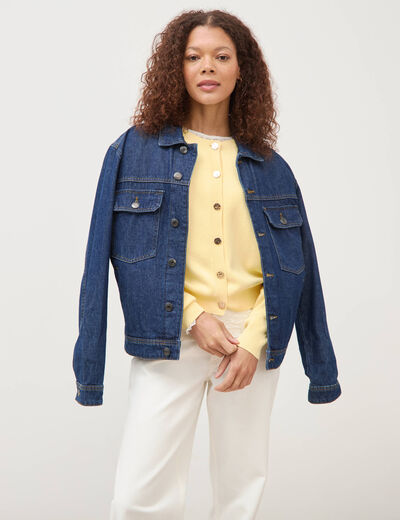 Gilet manches longues col rond en coton jaune clair femme