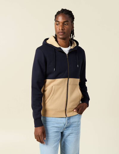 Sweat zippé à capuche beige homme