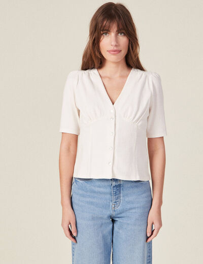 T-shirt boutonné à manches courtes ecru femme