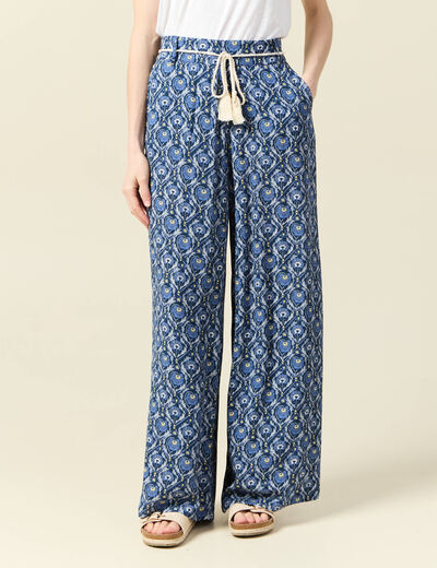 Pantalon large ceinturé bleu femme
