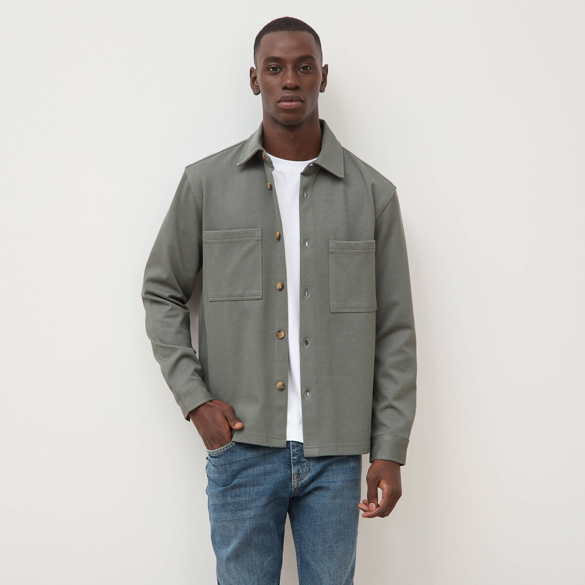 Surchemise droite col am&eacute;ricain vert kaki homme