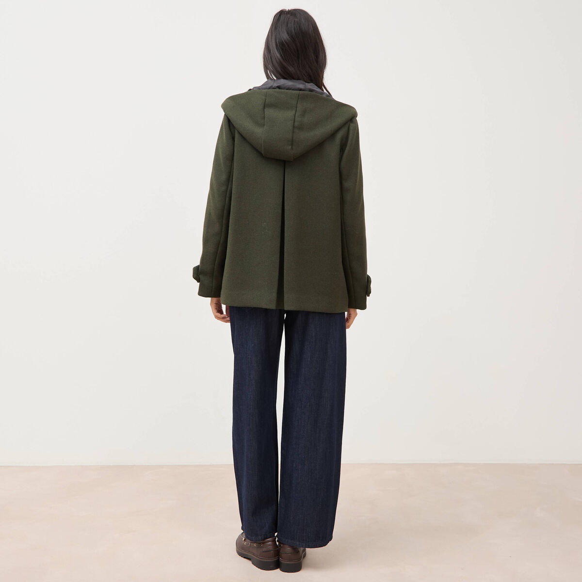 Caban oversize court &agrave; capuche vert olive femme