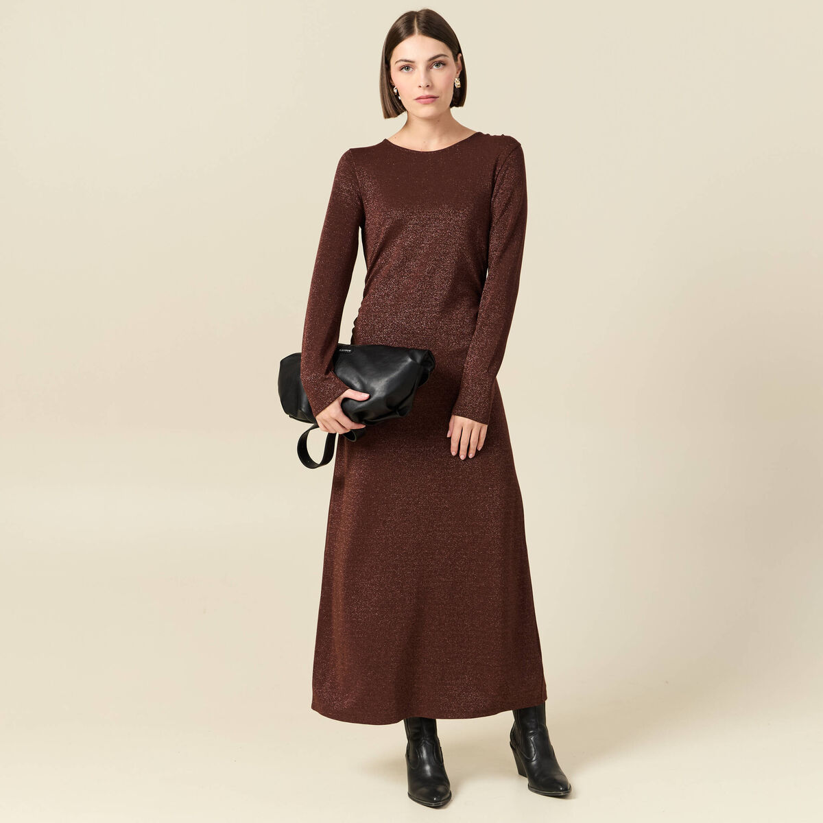 Robe longue ajust&eacute;e manches longues marron femme