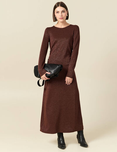 Robe longue ajust&eacute;e manches longues marron femme