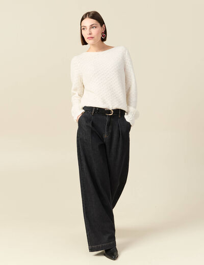 Pull ajour&eacute; col bateau manches longues ecru femme