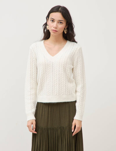 Pull droit col v manches longues ecru femme