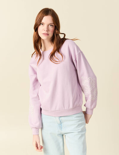 Sweat droit court col rond en coton parme femme