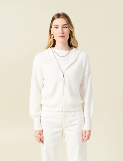 Gilet manches longues capuche ecru femme