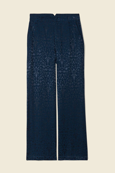 Pantalon large satin bleu canard femme