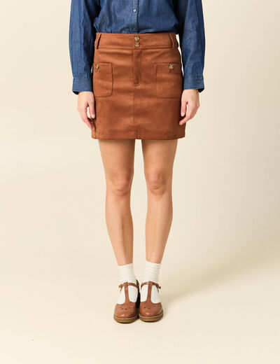 Mini-jupe droite doubl&eacute;e marron clair femme