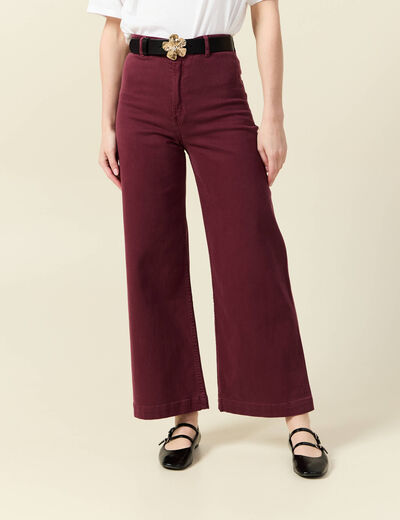 Pantalon large taille haute en jeans bordeaux femme