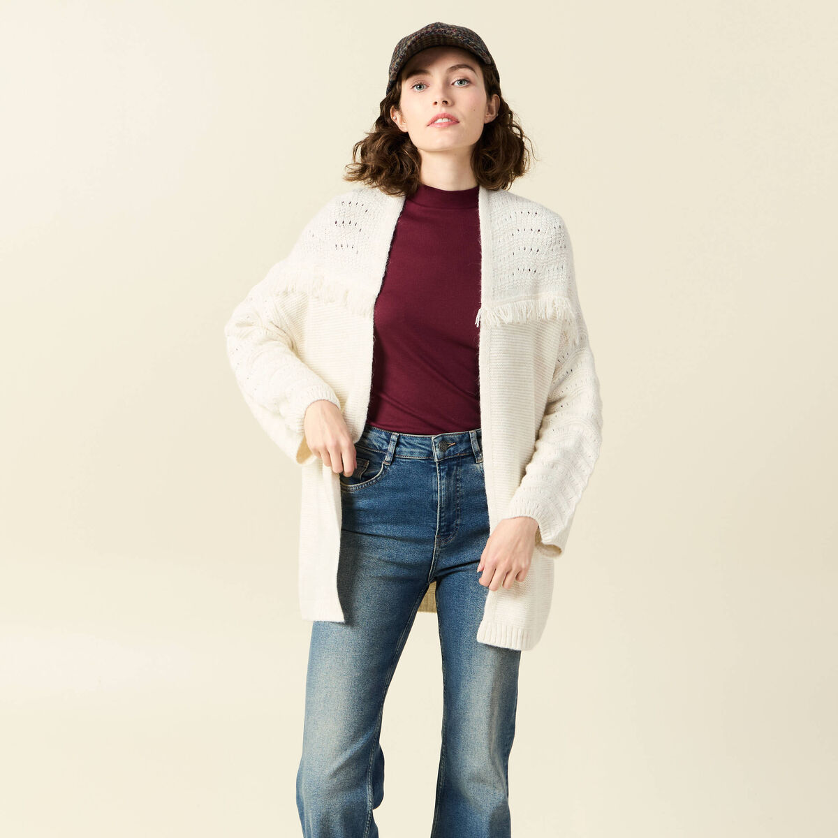 Gilet manches longues ecru femme