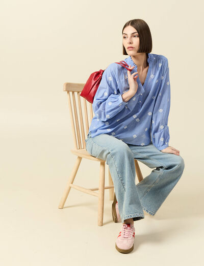 Blouse manches longues en coton brod&eacute; bleu gris femme