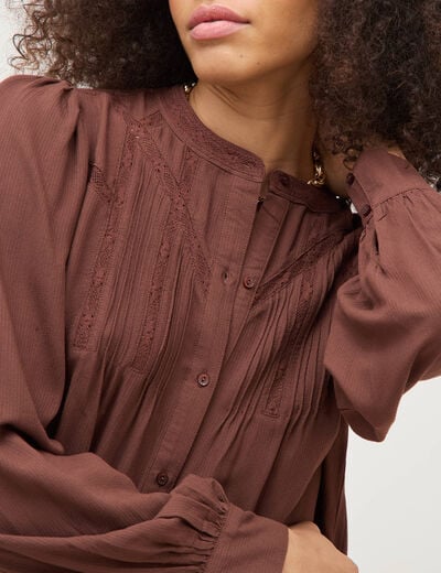 Blouse ajour&eacute;e col rond manches longues marron fonc&eacute; femme
