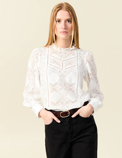 Blouse cintrée dentelle manches longues ecru femme