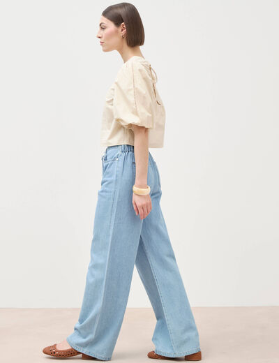 Top droit court manches bouffantes ivoire femme
