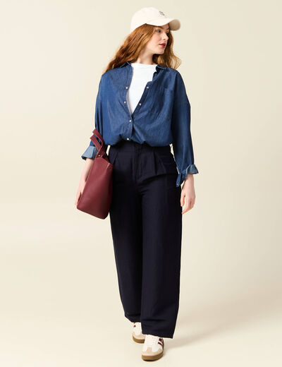 Pantalon large à pinces bleu foncé femme