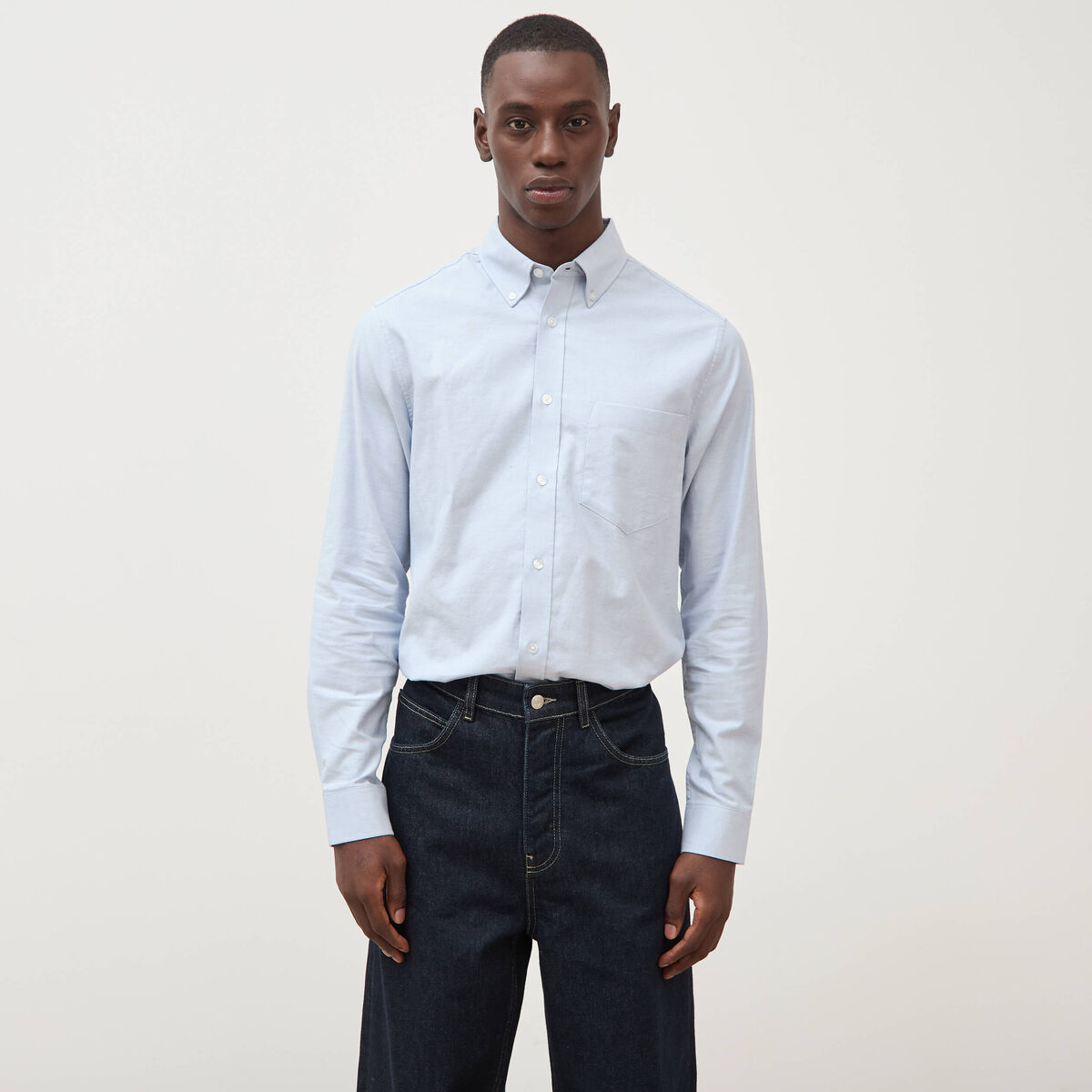 Chemise manches longues col am&eacute;ricain bleu gris homme