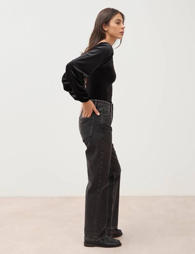 Jeans straight taille haute strass denim gris femme