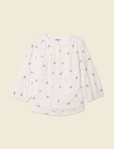 Blouse manches 3/4 brodée blanc femme