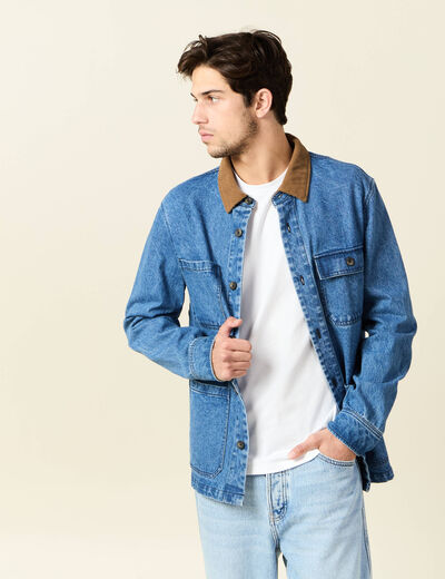 Veste col velours en jean denim double stone homme