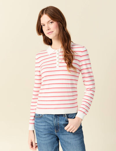 Polo ray&eacute; manches longues blanc femme
