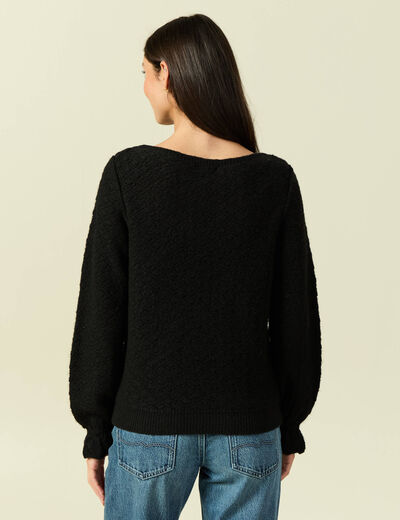 Pull ajour&eacute; col bateau manches longues noir femme