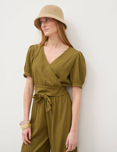 Blouse cropped manches courtes vert kaki femme