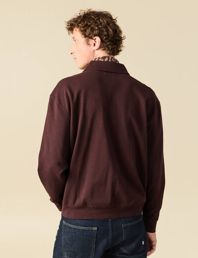 Polo ample manches longues col polo marron fonc&eacute; homme
