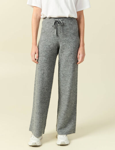 Pantalon large taille haute en maille gris femme