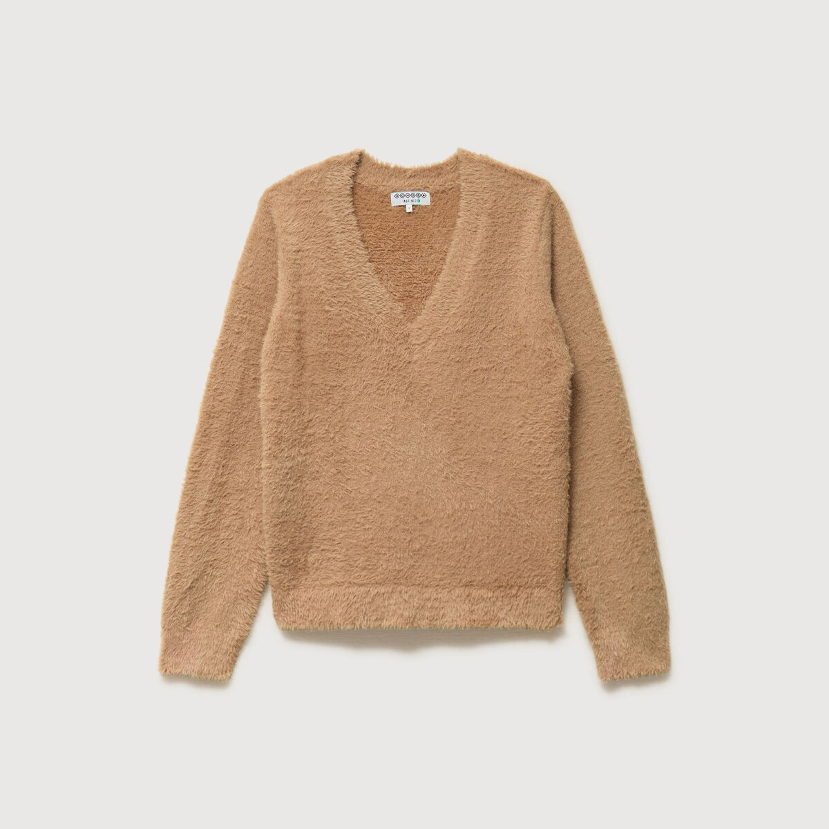 Pull droit col v manches longues camel femme