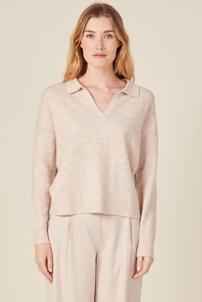 Pull col polo éco-responsable creme femme