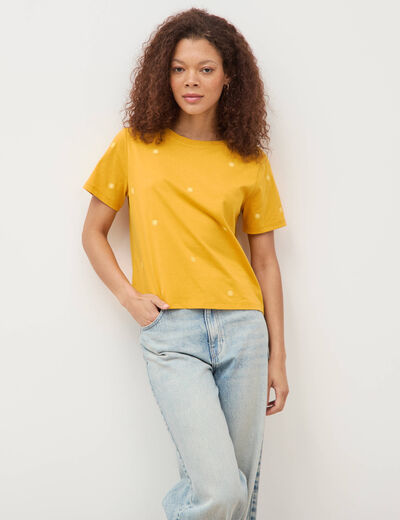 T-shirt droit col rond brod&eacute; en coton jaune or femme