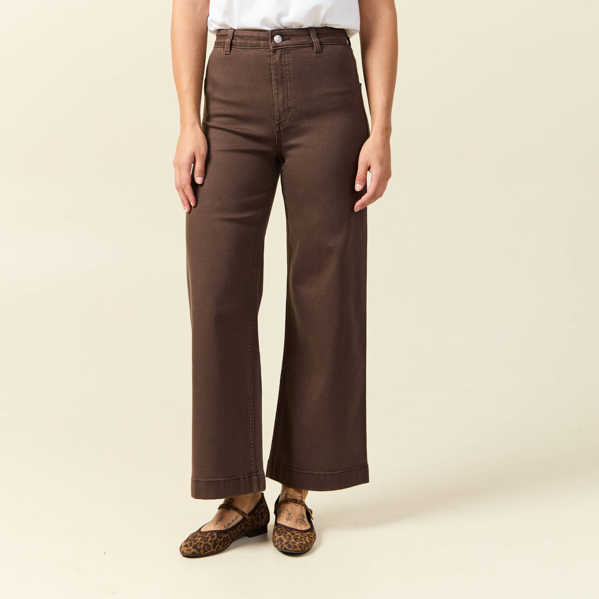 Jeans large cropped taille haute marron femme