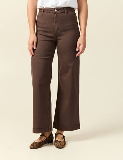 Jeans large cropped taille haute marron femme