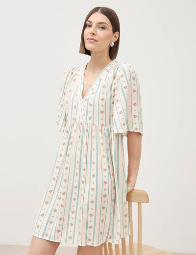 Robe fluide col v manches courtes bleu gris femme