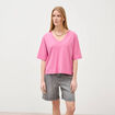 T-shirt col v manches courtes en coton rose framboise femme