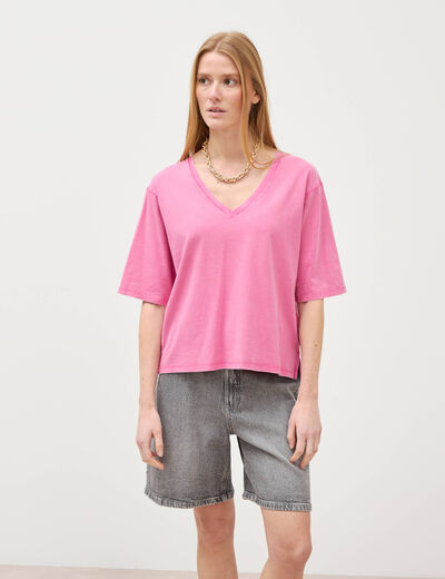T-shirt col v manches courtes en coton rose framboise femme