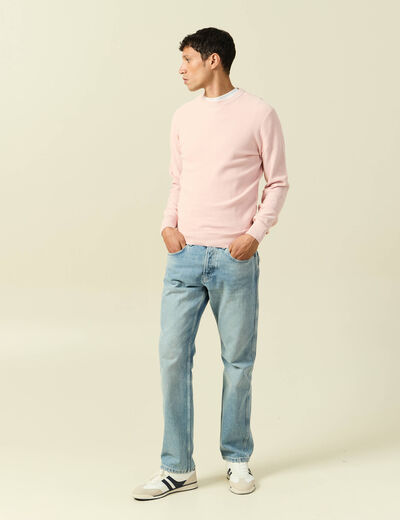 Pull fin col rond manches longues rose poudr&eacute;e homme
