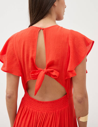 Robe col v manches courtes orange fonc&eacute; femme